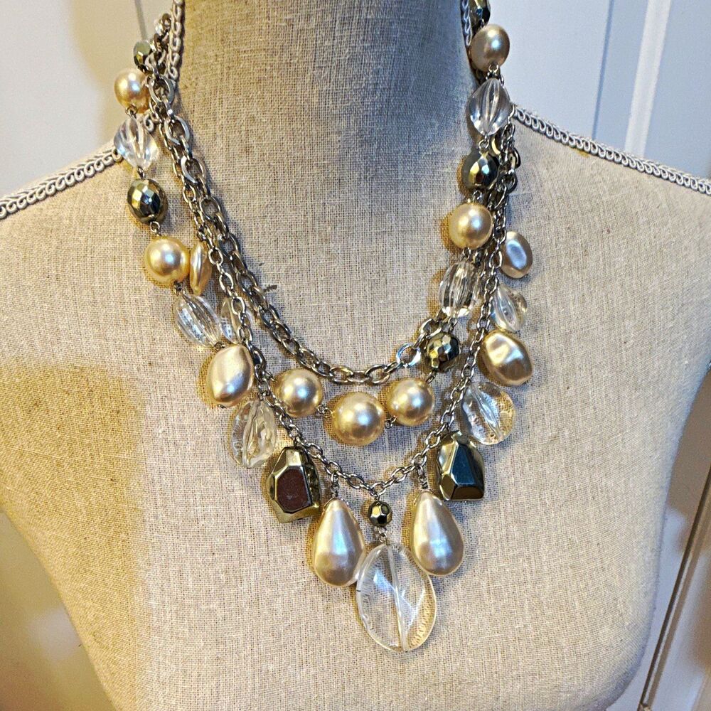 STATEMENT SILVER TONE LAYERED FAUX PEARL GLASS TEARDROP NECKLACE 18 IN